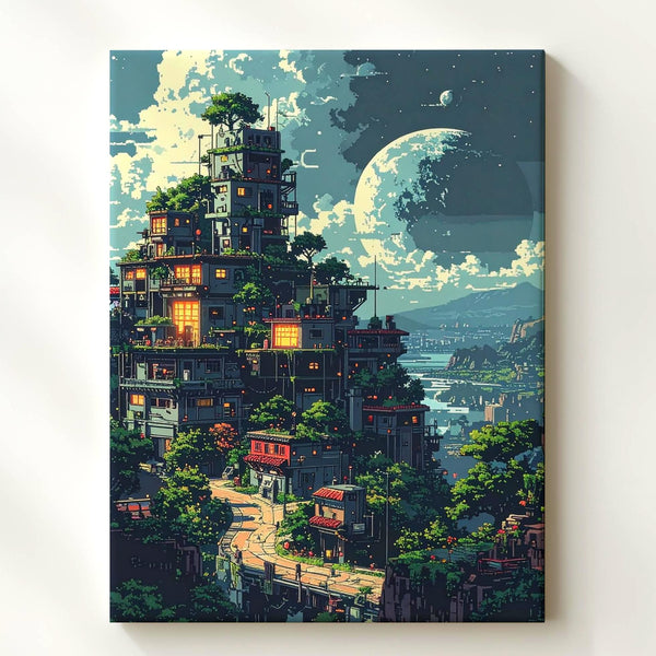Whimsical Cityscape Canvas – Dreamy Fairy Tale Village with Oversized Moon - Gifitto