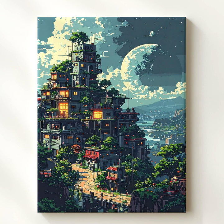 Whimsical Cityscape Canvas – Dreamy Fairy Tale Village with Oversized Moon - Gifitto