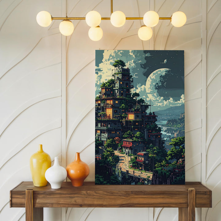 Whimsical Cityscape Canvas – Dreamy Fairy Tale Village with Oversized Moon - Gifitto