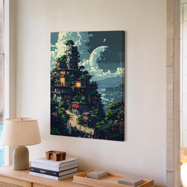 Whimsical Cityscape Canvas – Dreamy Fairy Tale Village with Oversized Moon - Gifitto