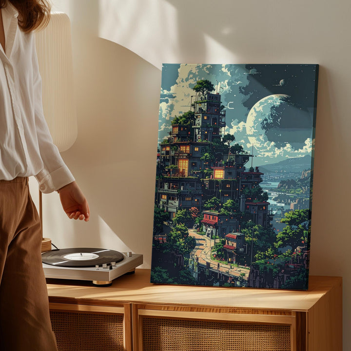 Whimsical Cityscape Canvas – Dreamy Fairy Tale Village with Oversized Moon - Gifitto