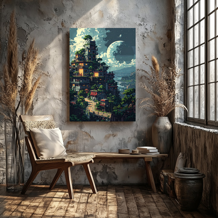 Whimsical Cityscape Canvas – Dreamy Fairy Tale Village with Oversized Moon - Gifitto