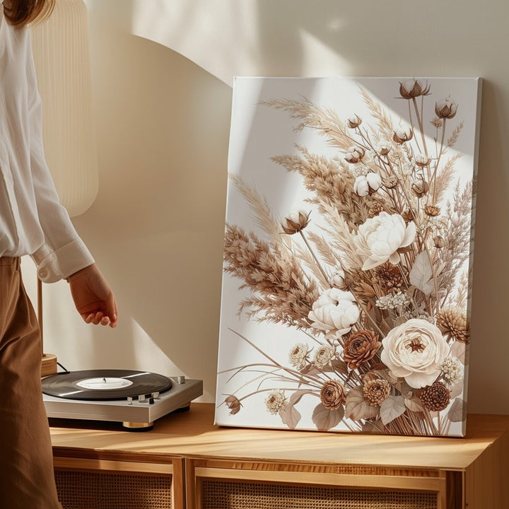 Neutral Dried Flower Bouquet Canvas – Sophisticated Rustic Floral Art - Gifitto