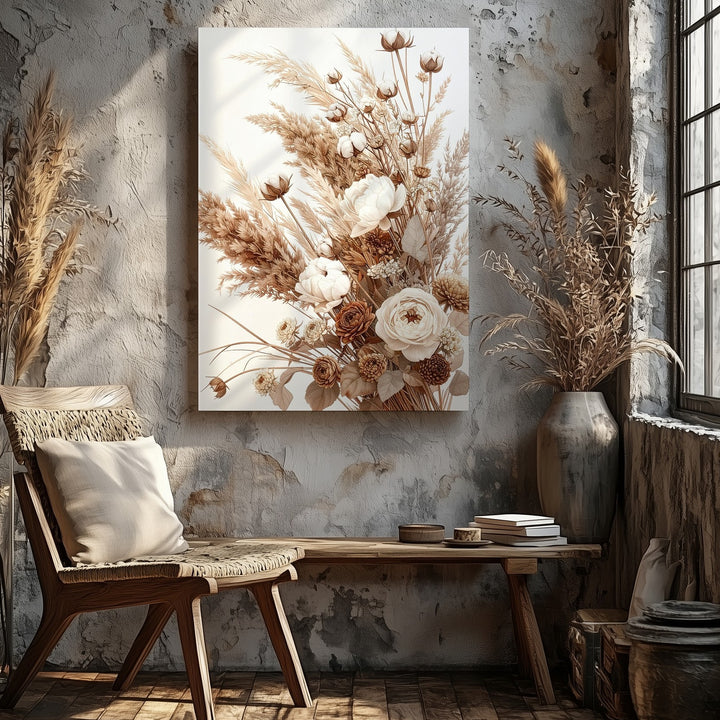 Neutral Dried Flower Bouquet Canvas – Sophisticated Rustic Floral Art - Gifitto