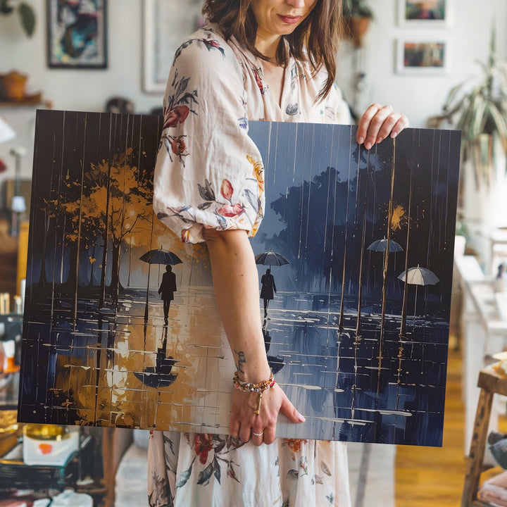 Golden Rainfall Cityscape Canvas – Poetic Urban Pathway Wall Art - Gifitto