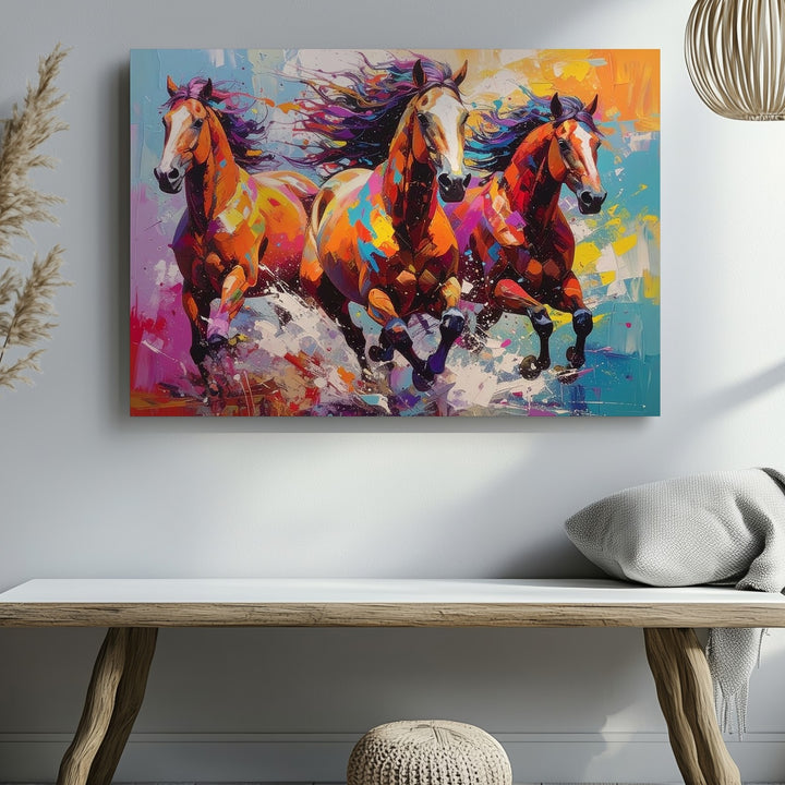 Galloping Thunder Canvas – Vivid Abstract Trio of Horses in Motion - Gifitto