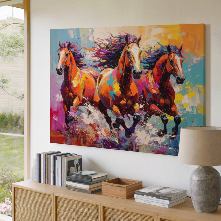 Galloping Thunder Canvas – Vivid Abstract Trio of Horses in Motion - Gifitto