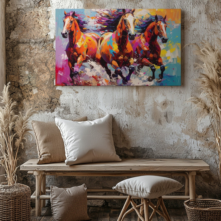 Galloping Thunder Canvas – Vivid Abstract Trio of Horses in Motion - Gifitto