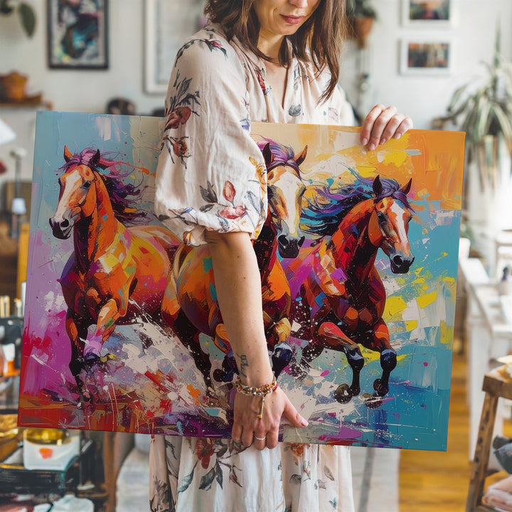 Galloping Thunder Canvas – Vivid Abstract Trio of Horses in Motion - Gifitto