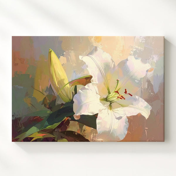 White Lily Elegance Canvas – Painterly Bloom with Earthy Tones - Gifitto