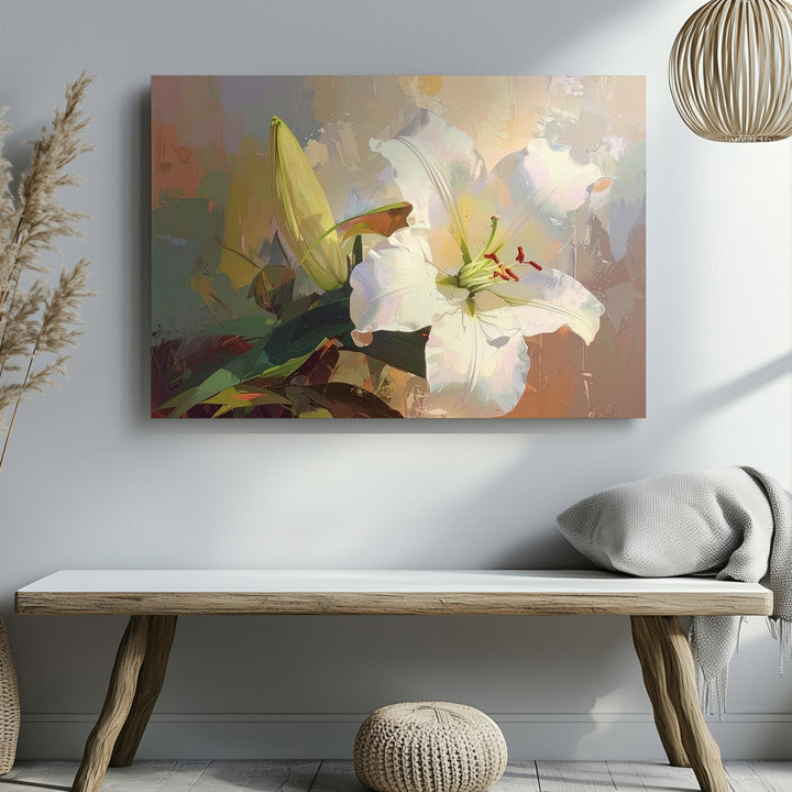 White Lily Elegance Canvas – Painterly Bloom with Earthy Tones - Gifitto