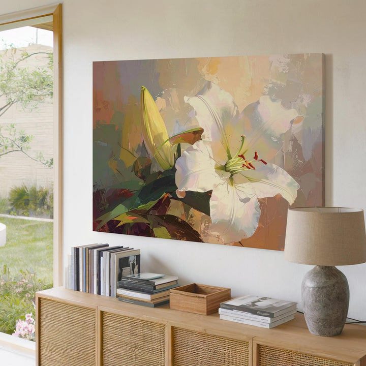 White Lily Elegance Canvas – Painterly Bloom with Earthy Tones - Gifitto