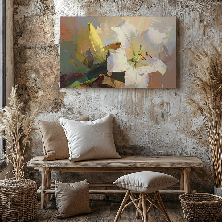White Lily Elegance Canvas – Painterly Bloom with Earthy Tones - Gifitto