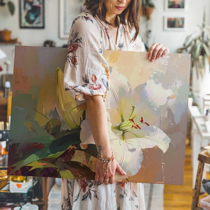 White Lily Elegance Canvas – Painterly Bloom with Earthy Tones - Gifitto