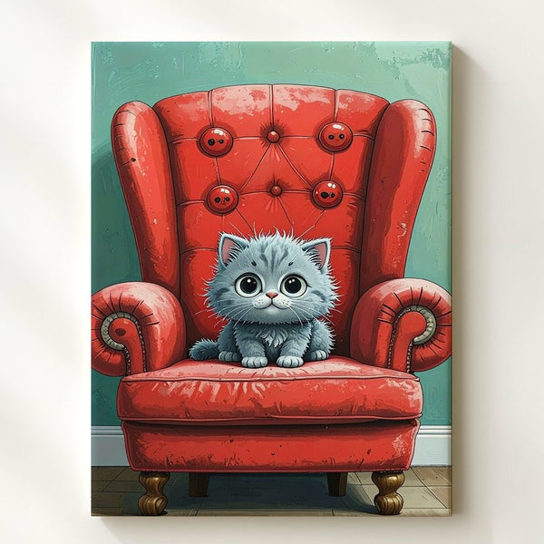 Tiny Kitten on Big Red Chair Canvas – Whimsical Storybook-Style Cat Art - Gifitto