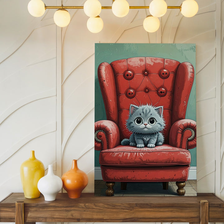 Tiny Kitten on Big Red Chair Canvas – Whimsical Storybook-Style Cat Art - Gifitto