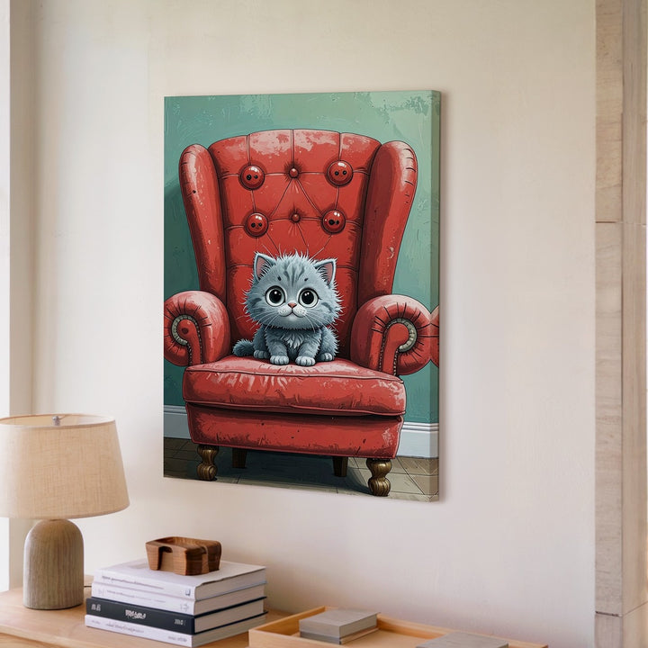 Tiny Kitten on Big Red Chair Canvas – Whimsical Storybook-Style Cat Art - Gifitto