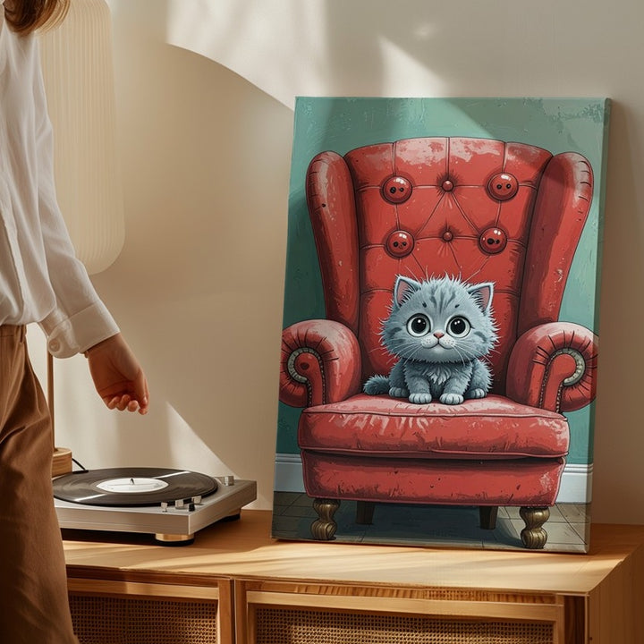 Tiny Kitten on Big Red Chair Canvas – Whimsical Storybook-Style Cat Art - Gifitto