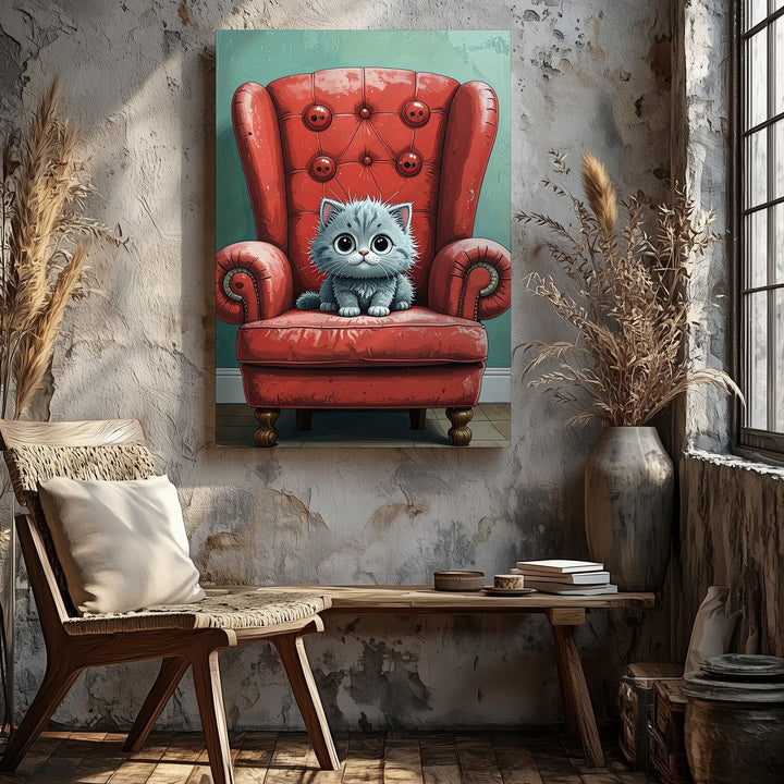 Tiny Kitten on Big Red Chair Canvas – Whimsical Storybook-Style Cat Art - Gifitto