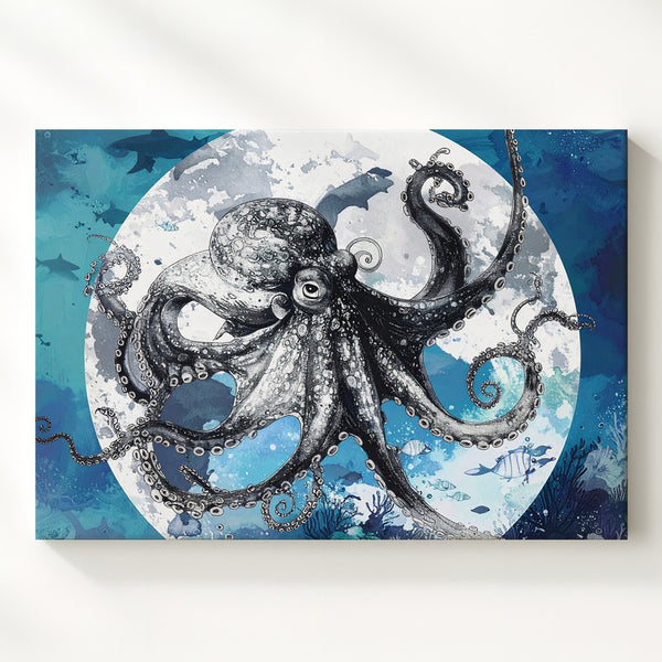 Surreal Black & White Octopus Canvas – Mixed Media Marine Collage Art
