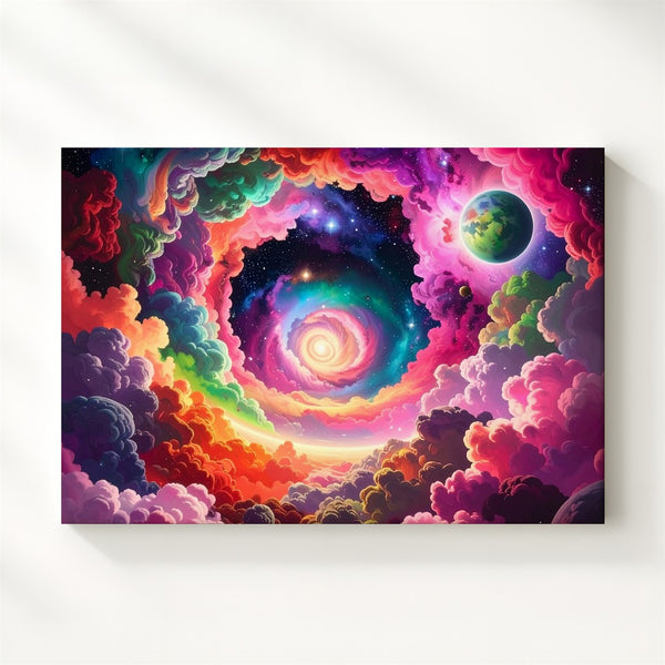 Psychedelic Space Tunnel Canvas – Vivid Galaxy Through Multicolored Clouds - Gifitto