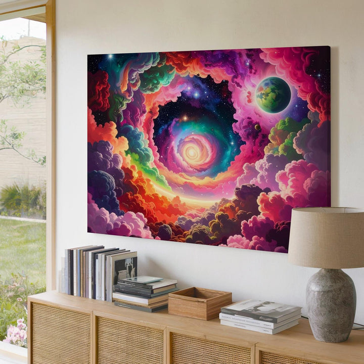 Psychedelic Space Tunnel Canvas – Vivid Galaxy Through Multicolored Clouds - Gifitto