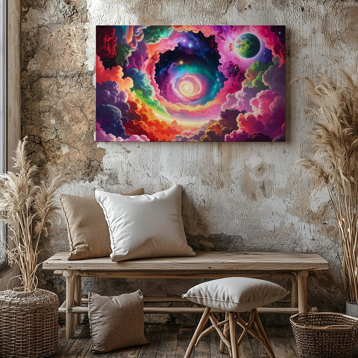 Psychedelic Space Tunnel Canvas – Vivid Galaxy Through Multicolored Clouds - Gifitto