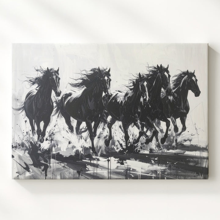 Galloping Shadows Canvas – Minimalist Black & White Horse Silhouette Art - Gifitto