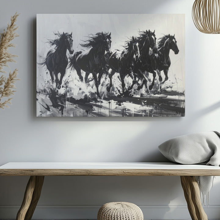 Galloping Shadows Canvas – Minimalist Black & White Horse Silhouette Art - Gifitto