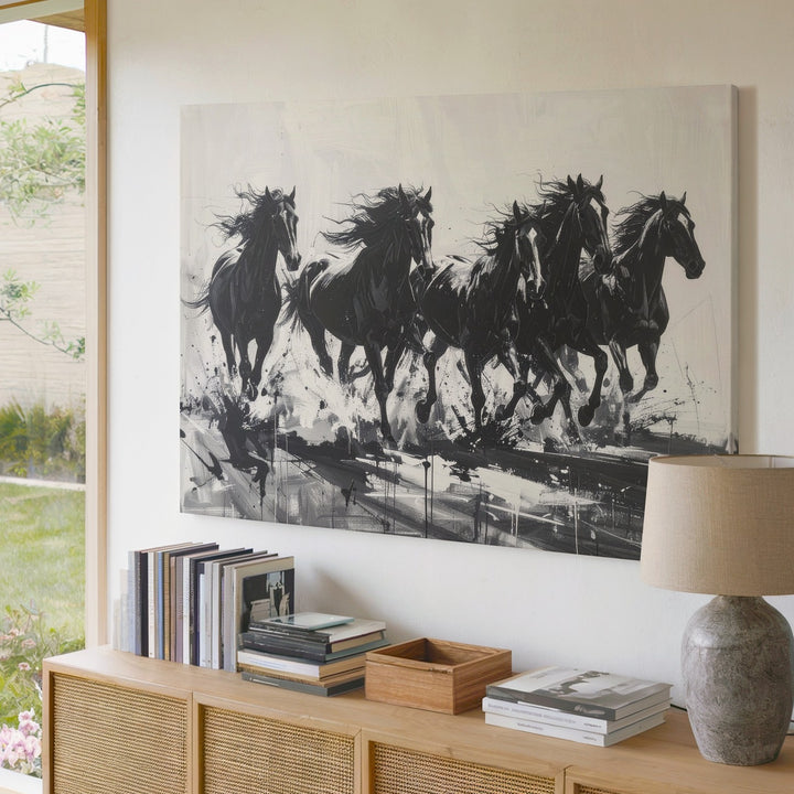 Galloping Shadows Canvas – Minimalist Black & White Horse Silhouette Art - Gifitto