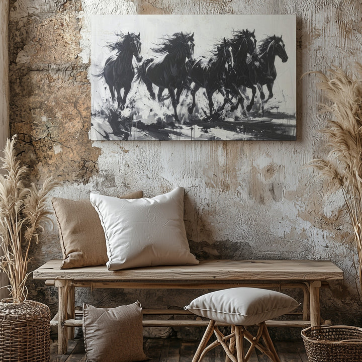 Galloping Shadows Canvas – Minimalist Black & White Horse Silhouette Art - Gifitto
