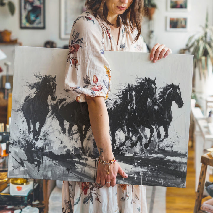 Galloping Shadows Canvas – Minimalist Black & White Horse Silhouette Art - Gifitto