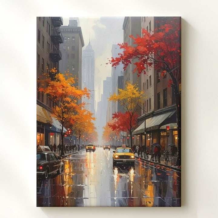 Autumn Rainy City Street Canvas – Cinematic Fall Scene with Streetlights - Gifitto