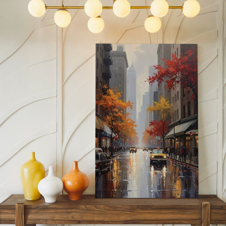 Autumn Rainy City Street Canvas – Cinematic Fall Scene with Streetlights - Gifitto