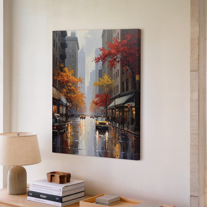 Autumn Rainy City Street Canvas – Cinematic Fall Scene with Streetlights - Gifitto