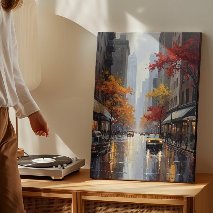 Autumn Rainy City Street Canvas – Cinematic Fall Scene with Streetlights - Gifitto