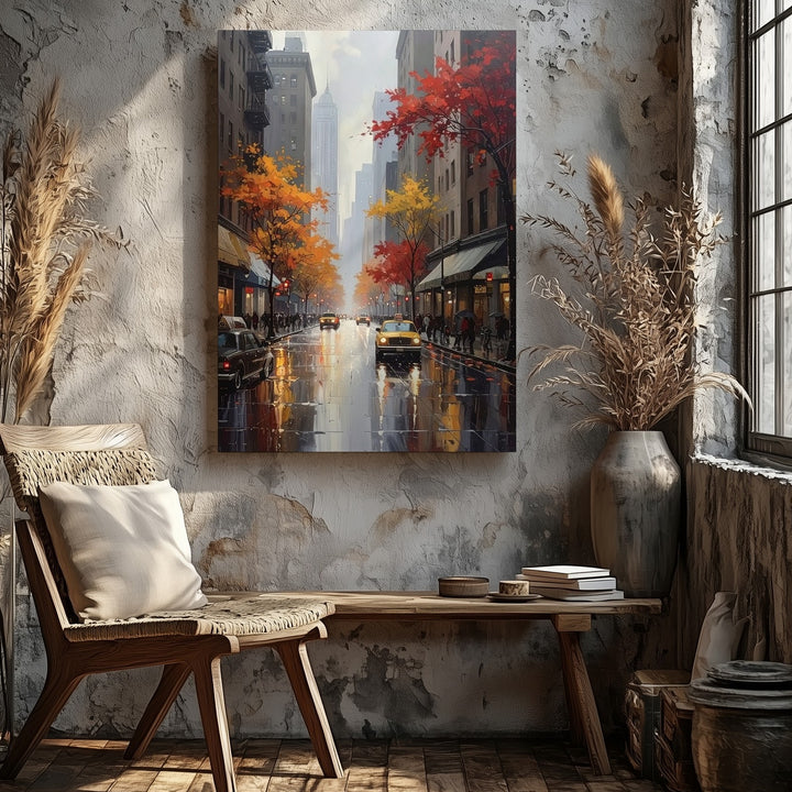 Autumn Rainy City Street Canvas – Cinematic Fall Scene with Streetlights - Gifitto