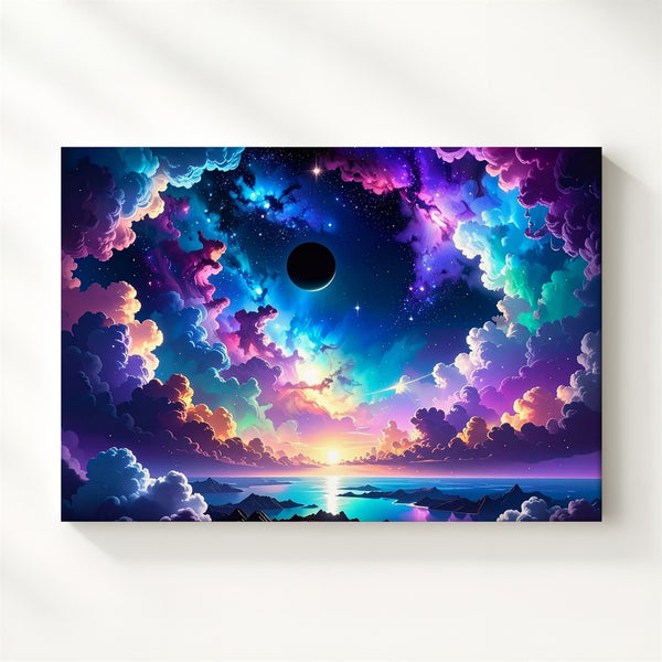 Emerald Cosmic Clouds Canvas – Starry Sky and Ringed Planet Reflection - Gifitto