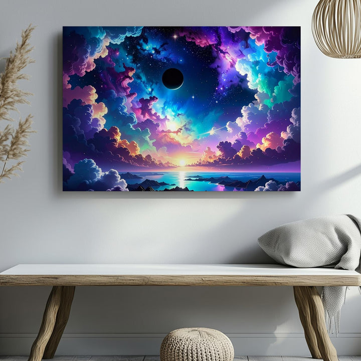 Emerald Cosmic Clouds Canvas – Starry Sky and Ringed Planet Reflection - Gifitto