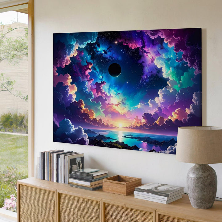 Emerald Cosmic Clouds Canvas – Starry Sky and Ringed Planet Reflection - Gifitto