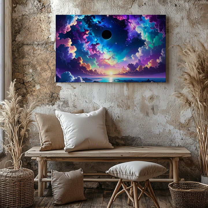 Emerald Cosmic Clouds Canvas – Starry Sky and Ringed Planet Reflection - Gifitto