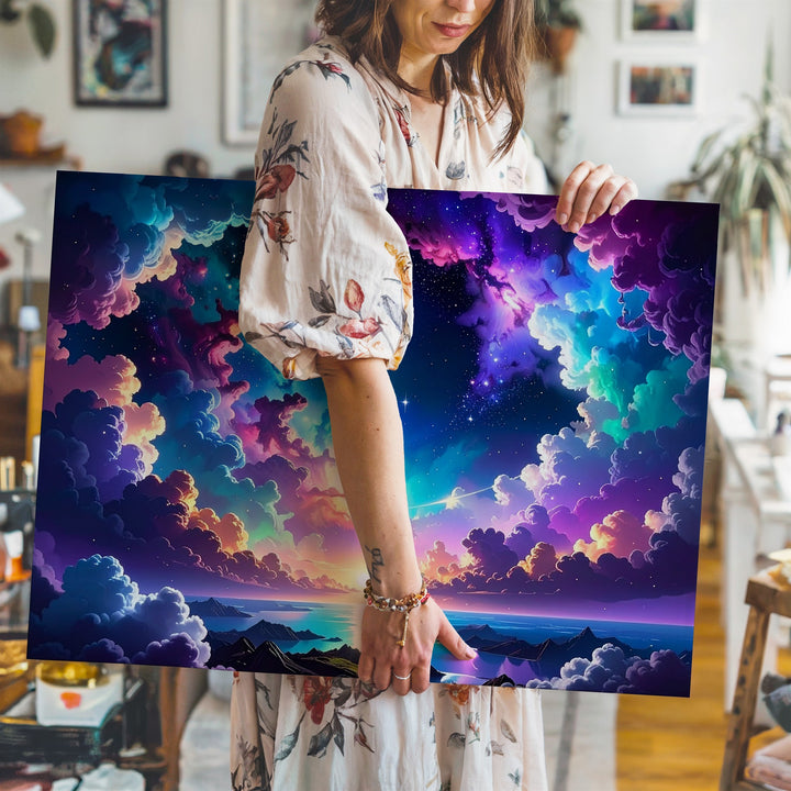 Emerald Cosmic Clouds Canvas – Starry Sky and Ringed Planet Reflection - Gifitto