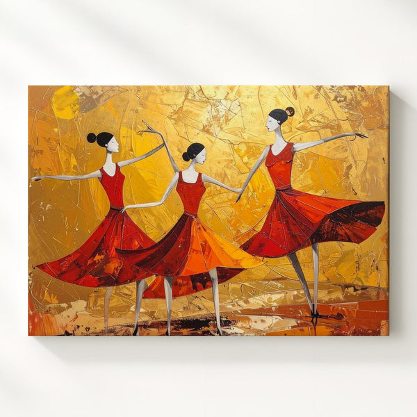Joy in Motion Canvas – Abstract Dancers in Red on Golden Field - Gifitto