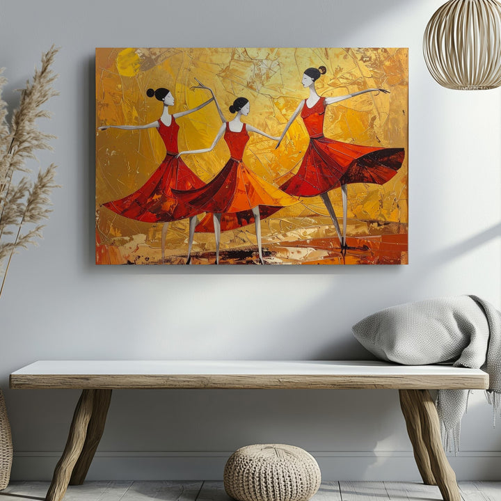 Joy in Motion Canvas – Abstract Dancers in Red on Golden Field - Gifitto
