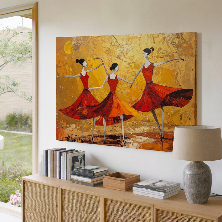 Joy in Motion Canvas – Abstract Dancers in Red on Golden Field - Gifitto