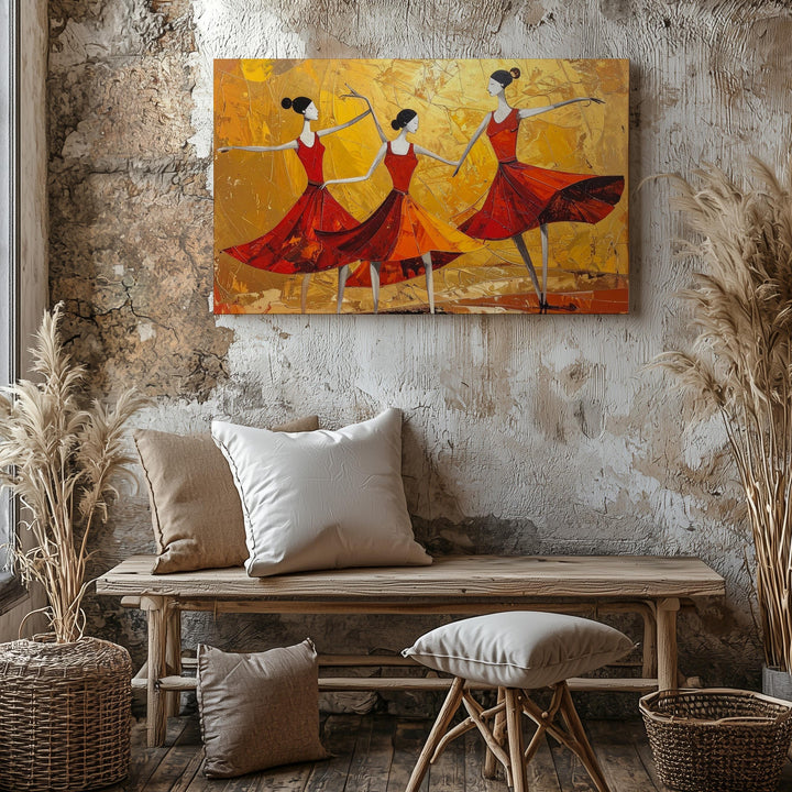 Joy in Motion Canvas – Abstract Dancers in Red on Golden Field - Gifitto