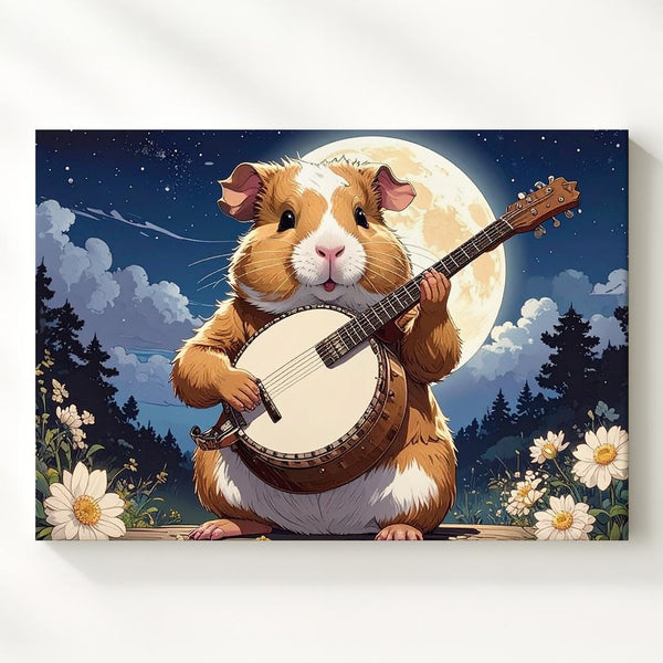 Guinea Pig Moonlight Serenade Canvas – Whimsical Animal Art with Banjo - Gifitto