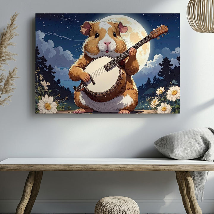 Guinea Pig Moonlight Serenade Canvas – Whimsical Animal Art with Banjo - Gifitto