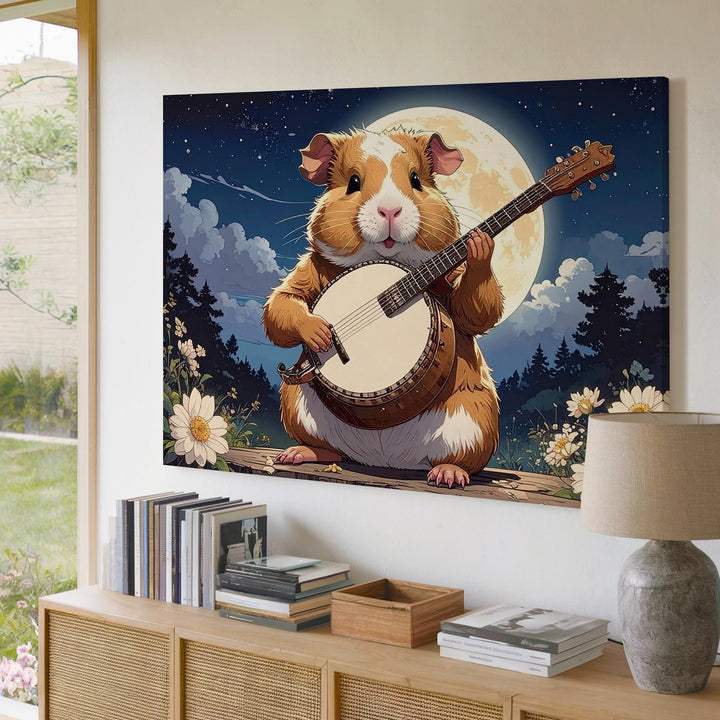 Guinea Pig Moonlight Serenade Canvas – Whimsical Animal Art with Banjo - Gifitto