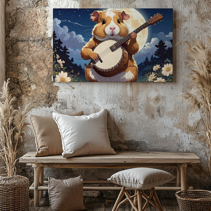 Guinea Pig Moonlight Serenade Canvas – Whimsical Animal Art with Banjo - Gifitto